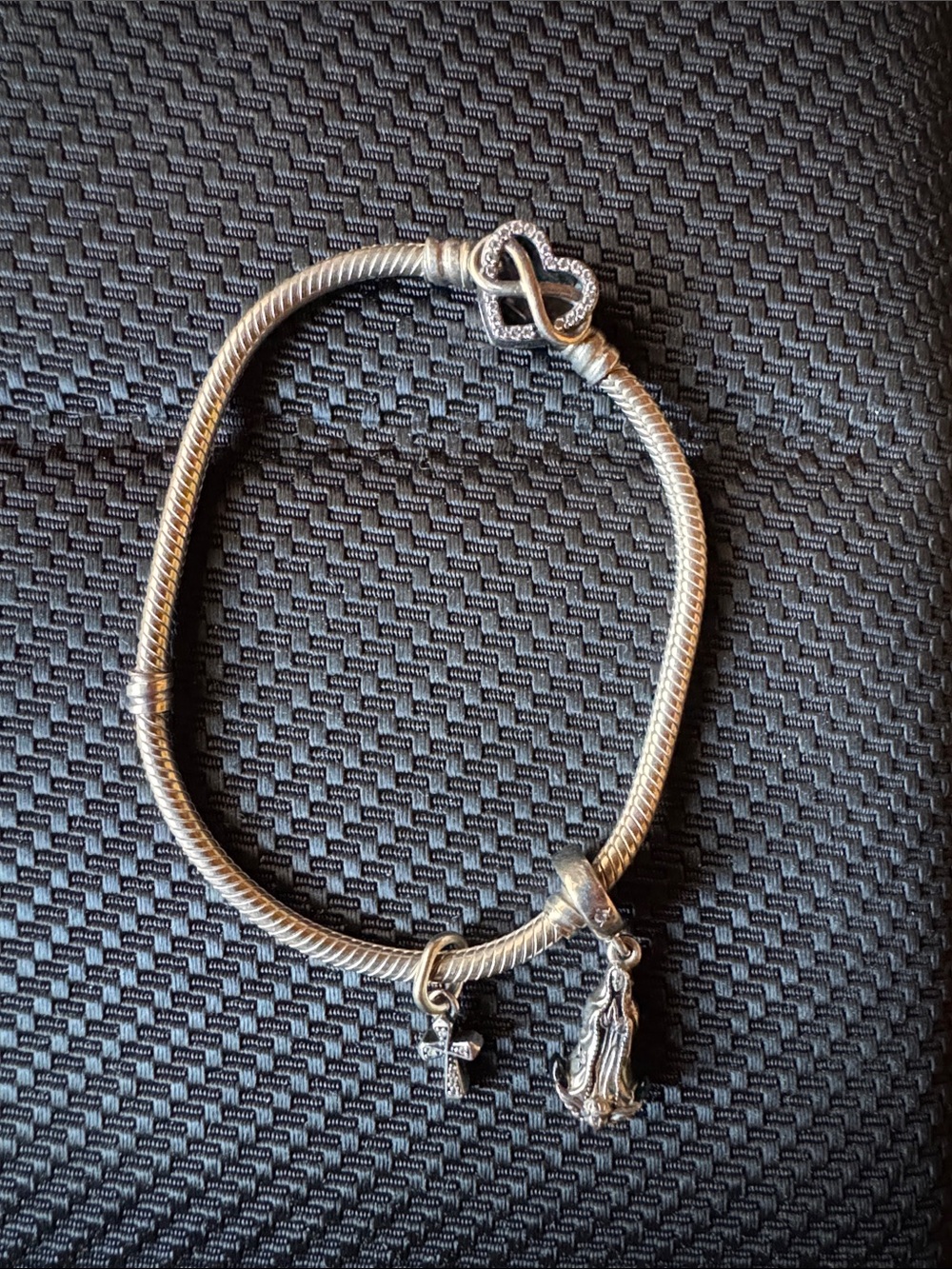 Pandora Silver Heart Clasp Bracelet with Cross & Figurine Charms